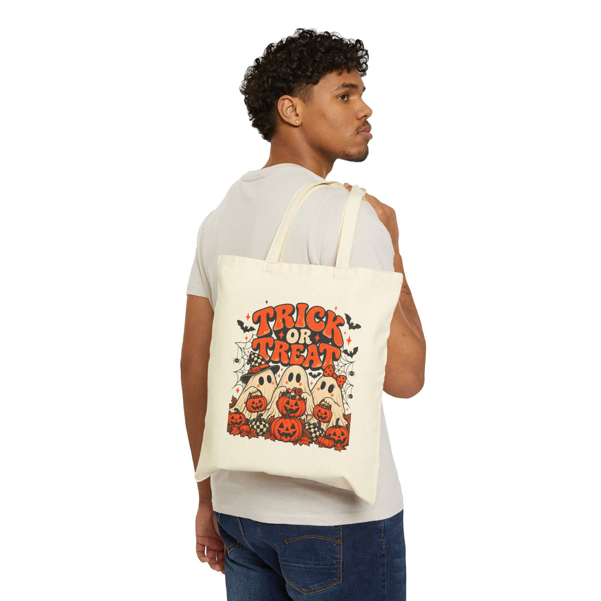 Halloween Tote Bag – Retro Ghost & Pumpkin Canvas Tote