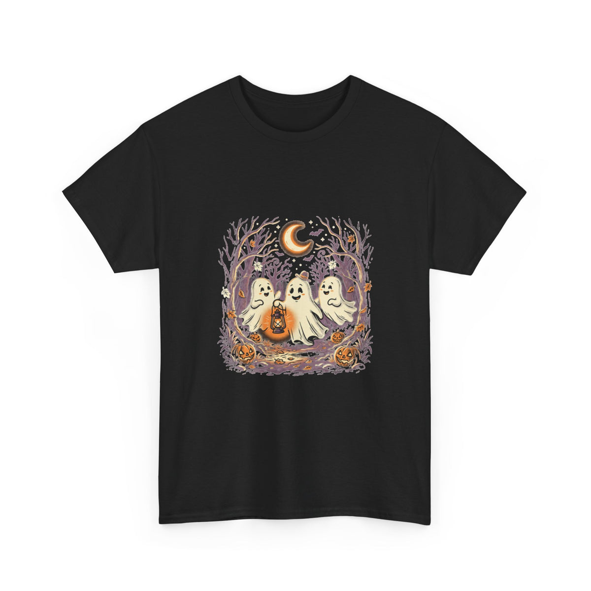 Retro ghost and pumpkin Halloween T-shirt on black shirt