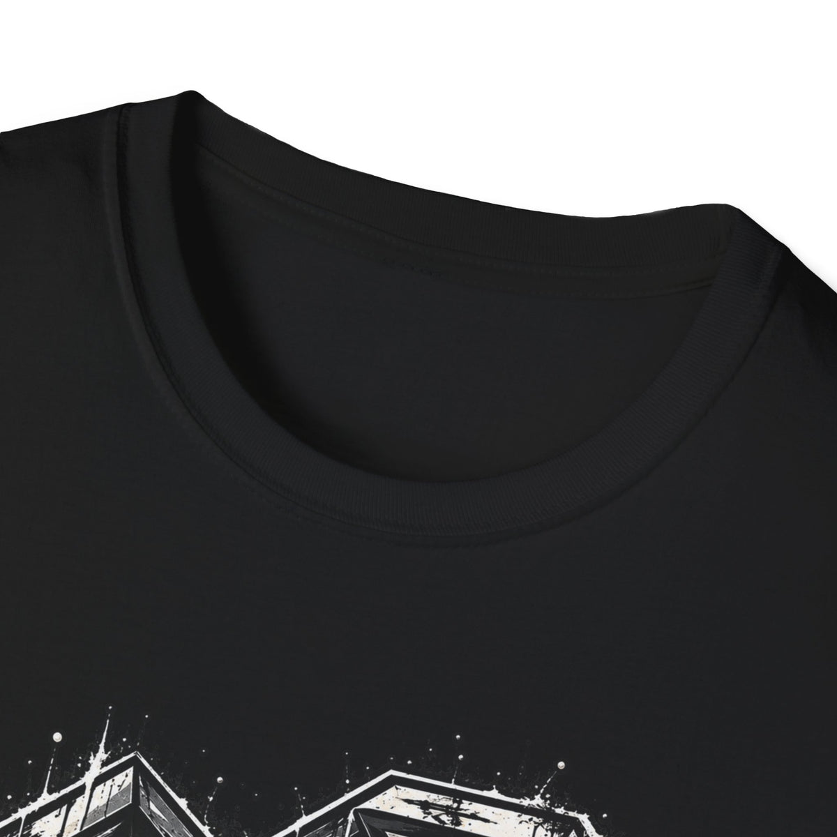 Close-up view of black LOCKED IN graphic tee fabric and collar