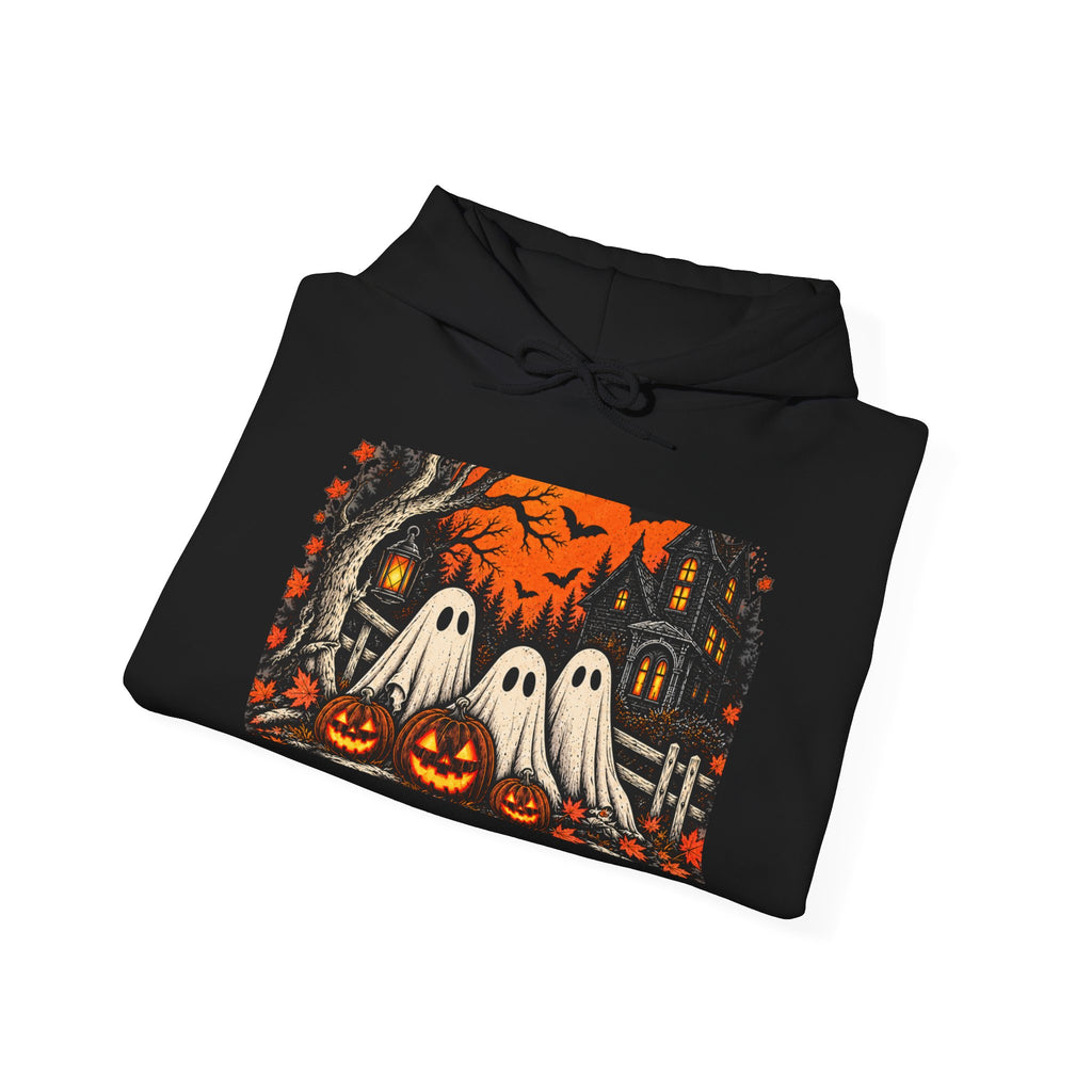 Black Halloween hoodie with spooky ghost and pumpkin artwork
