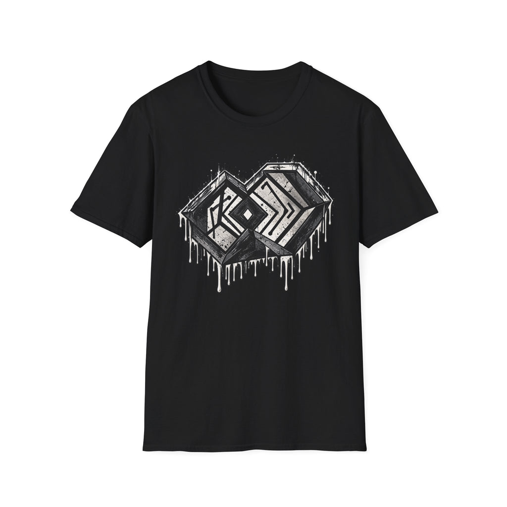 Front view of black LOCKED IN graphic t-shirt with distressed white geometric shapes and ink-drip artwork