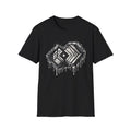 Front view of black LOCKED IN graphic t-shirt with distressed white geometric shapes and ink-drip artwork