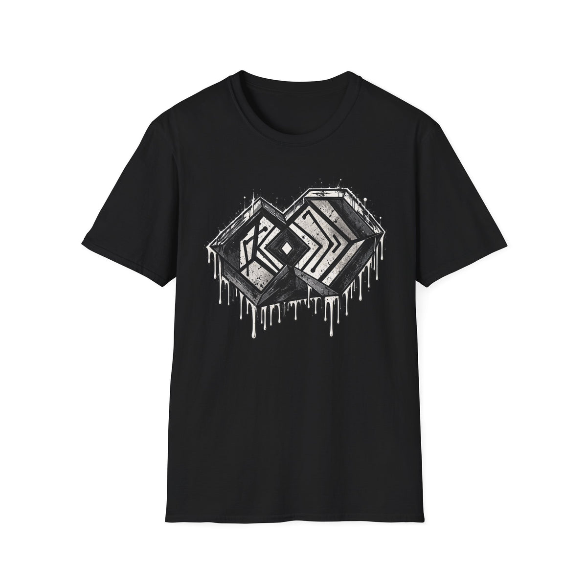 Front view of black LOCKED IN graphic t-shirt with distressed white geometric shapes and ink-drip artwork
