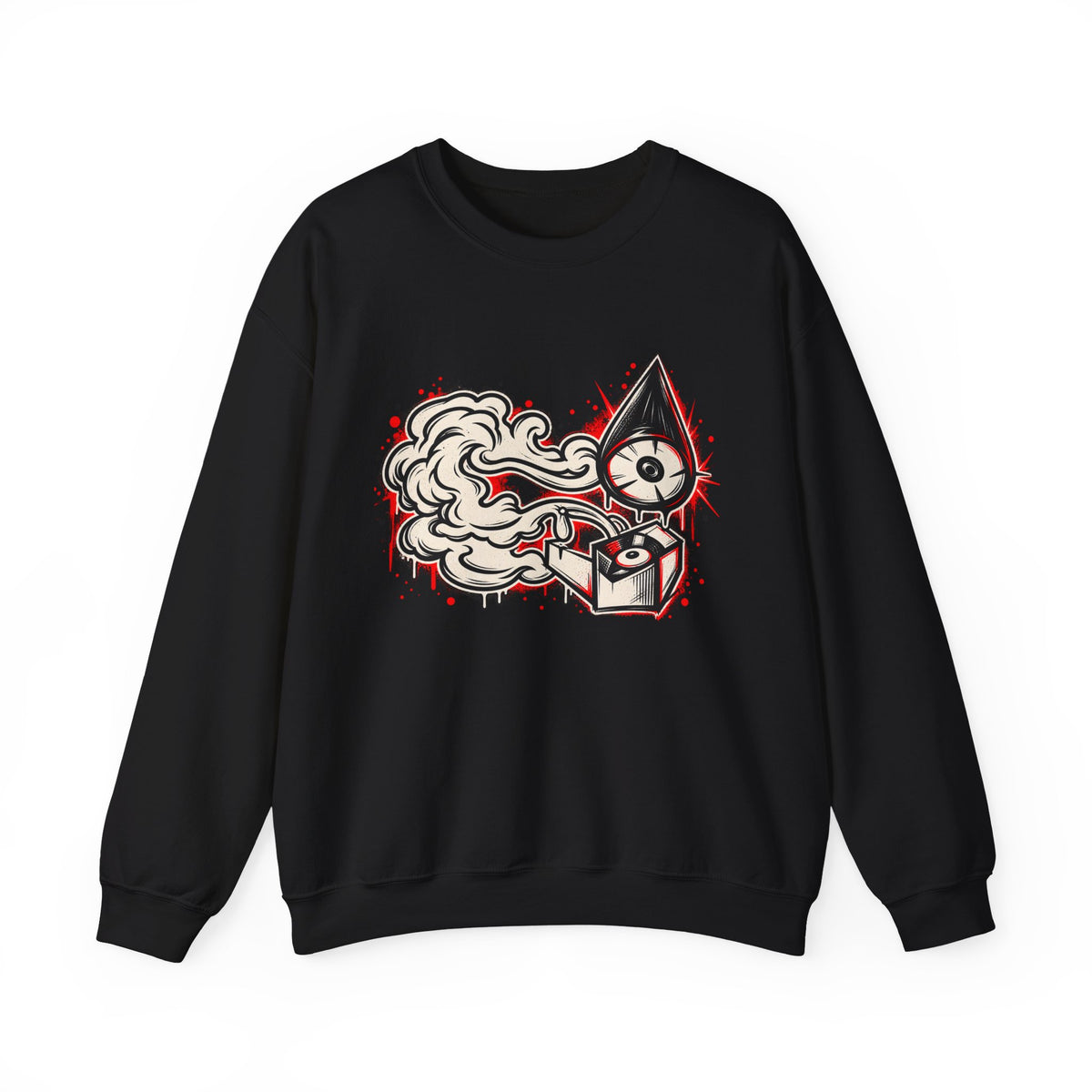 MOTION ENGINE black crewneck sweatshirt with red, silver and black abstract motion artwork
