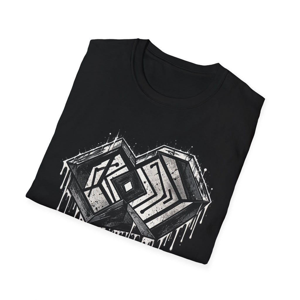 LOCKED IN geometric drip streetwear tee in black, angled product mockup