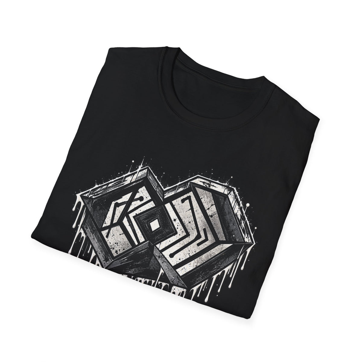 LOCKED IN geometric drip streetwear tee in black, angled product mockup