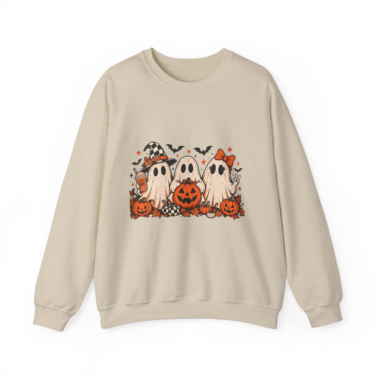 Halloween Sweatshirt – Retro Ghost & Pumpkin Crewneck