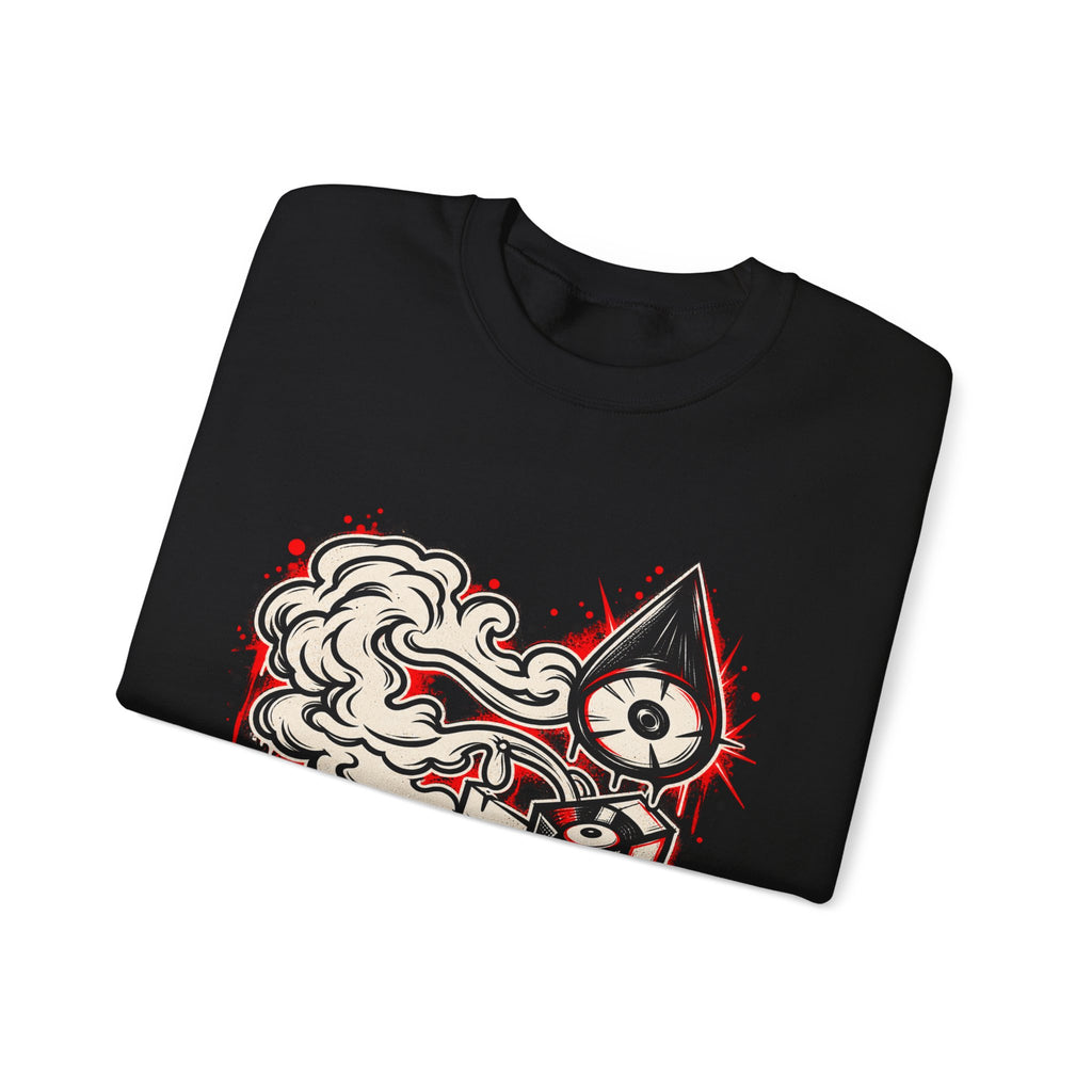 Black Gildan Heavy Blend crewneck sweatshirt with original MOTION ENGINE art