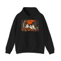 Black vintage Halloween hoodie with ghosts, pumpkins, haunted house and full moon