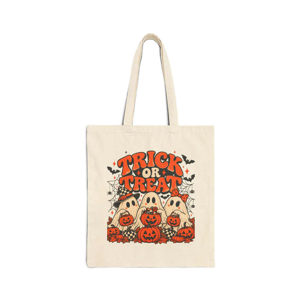 Retro ghost and pumpkin Halloween canvas tote bag