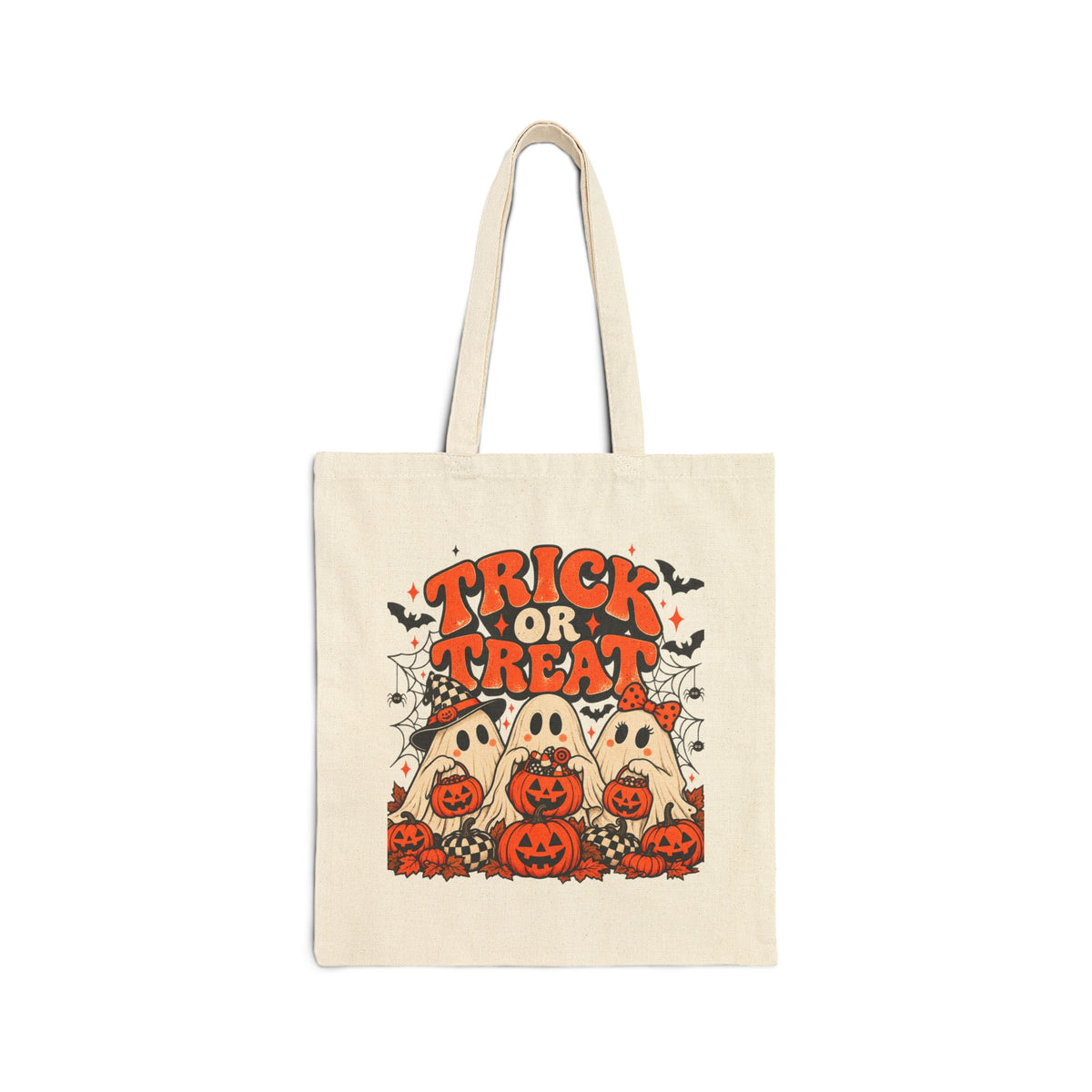 Retro ghost and pumpkin Halloween canvas tote bag