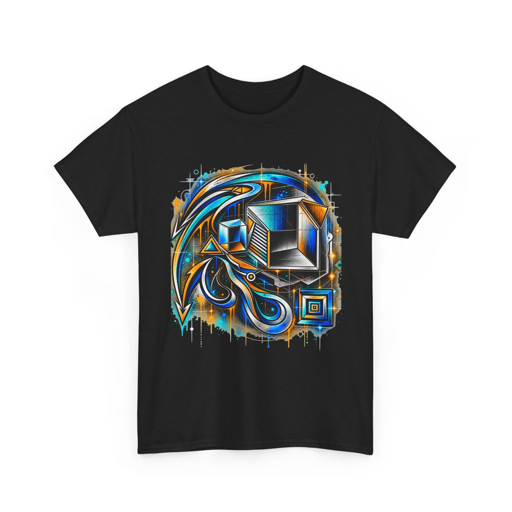 GEOMETRIC FLOW black graphic T-shirt with colorful abstract cube and sweeping line artwork