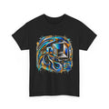 GEOMETRIC FLOW black graphic T-shirt with colorful abstract cube and sweeping line artwork