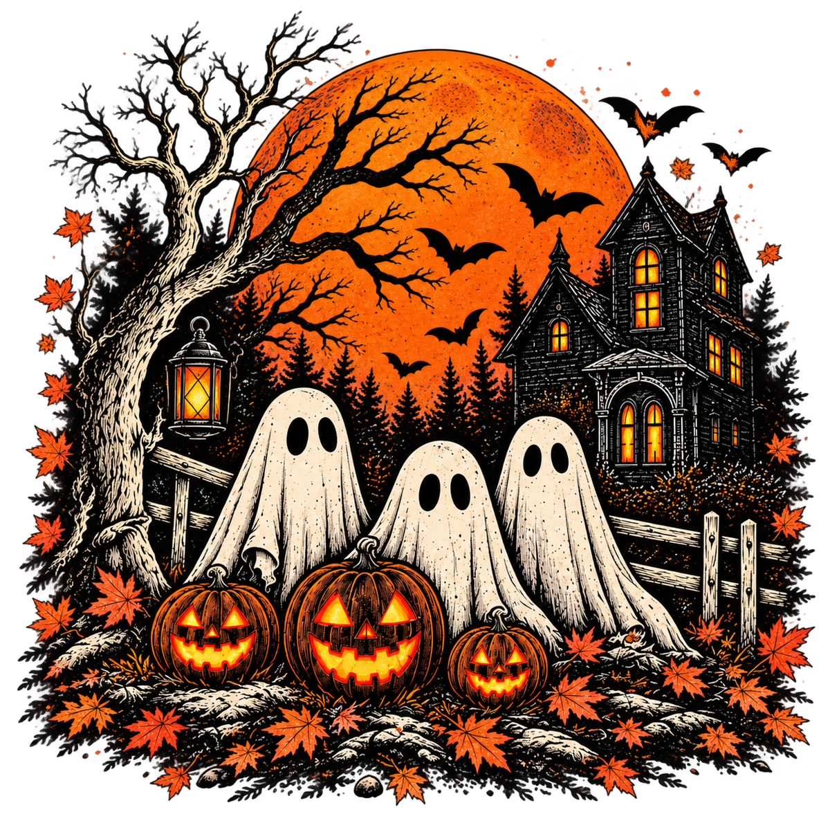 Vintage Halloween ghosts, pumpkins, haunted house and full moon artwork